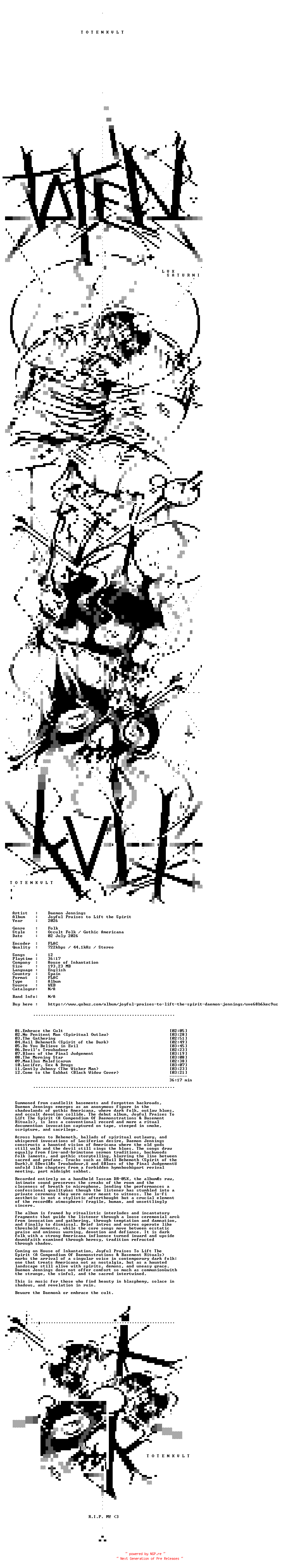 NFO for the release Daemon_Jennings-Joyful_Praises_To_Lift_The_Spirit-16BIT-WEB-FLAC-2026-TOTENKVLT by TOTENKVLT