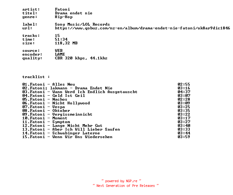 NFO for the release Fatoni_-_Drama_Endet_Nie-WEB-DE-2026.BITCOINS by 2026.BITCOINS
