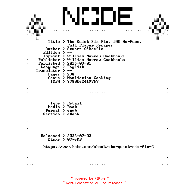 NFO for the release Stuart.OKeeffe.The.Quick.Six.Fix.100.No-Fuss.Full-Flavor.Recipes.2016.RETAiL.EPUB.eBook-NODE by NODE