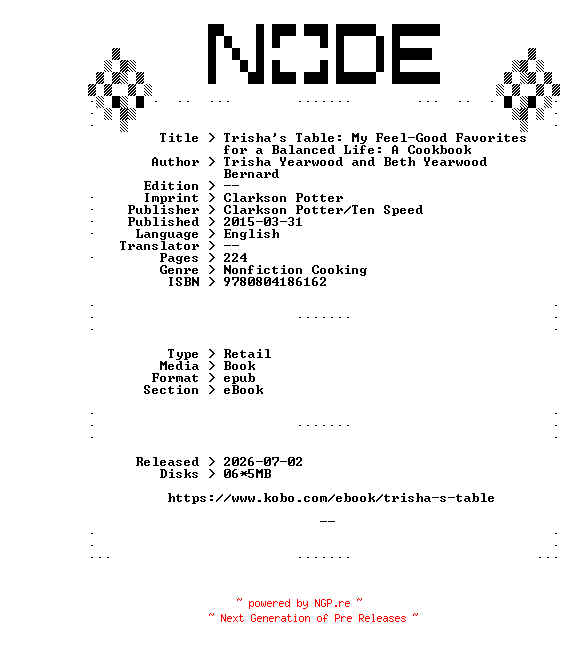 NFO for the release Trisha.Yearwood.and.Beth.Yearwood.Bernard.Trishas.Table.My.Feel-Good.Favorites.for.a.Balanced.Life.A.Cookbook.2015.RETAiL.EPUB.eBook-NODE by NODE