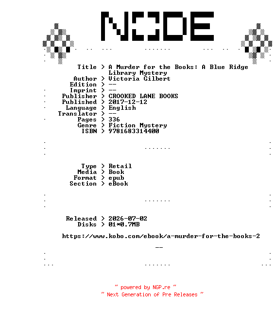 NFO for the release Victoria.Gilbert.A.Murder.for.the.Books.A.Blue.Ridge.Library.Mystery.2017.RETAiL.EPUB.eBook-NODE by NODE