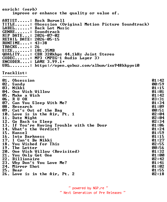 NFO for the release Rock_Burwell-Obsession_(Original_Motion_Picture_Soundtrack)-OST-WEB-2026-ENRiCH by ENRiCH