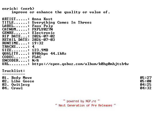 NFO for the release Anna_Kost-Everything_Comes_In_Threes-(FXPLY027N)-16BIT-WEB-FLAC-2026-ENRiCH by ENRiCH