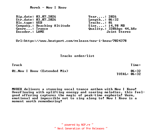 NFO for the release Mvrek_-_Now_I_Know-(RA418)-SINGLE-WEB-2026-FMC by FMC