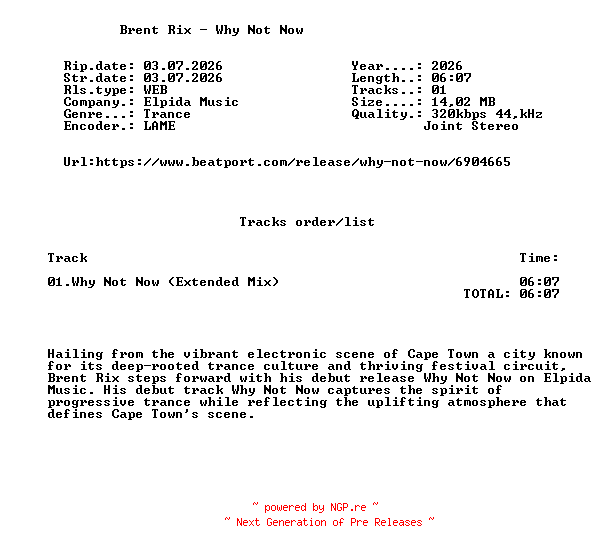 NFO for the release Brent_Rix_-_Why_Not_Now-(ELPIDAMUSIC137)-SINGLE-WEB-2026-FMC by FMC
