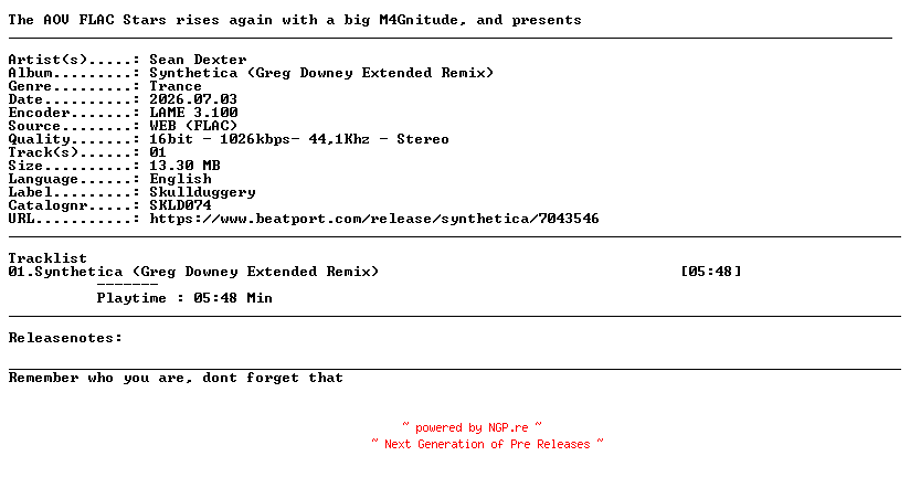 NFO for the release Sean_Dexter-Synthetica_(Greg_Downey_Extended_Remix)-(SKLD074)-SINGLE-WEB-2026-AOV by AOV