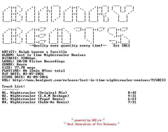 NFO for the release Ralph_Lawson_x_Tuccillo-Lost_In_Time_Nightcrawler_Remixes-(LOSTIME006D)-WEB-2016-BB by BB