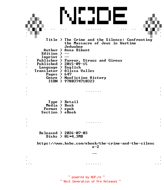 NFO for the release Anna.Bikont.The.Crime.and.the.Silence.Confronting.the.Massacre.of.Jews.in.Wartime.Jedwabne.2015.RETAiL.EPUB.eBook-NODE by NODE