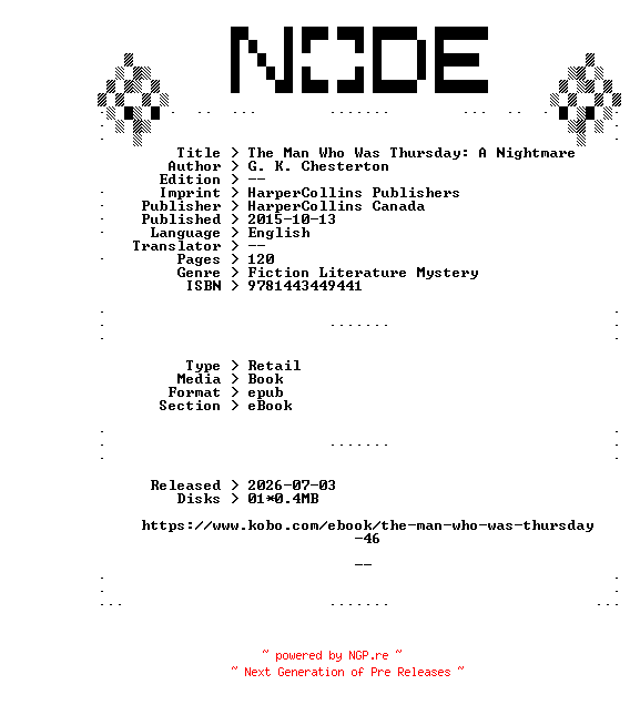 NFO for the release G.K.Chesterton.The.Man.Who.Was.Thursday.A.Nightmare.2015.RETAiL.EPUB.eBook-NODE by NODE