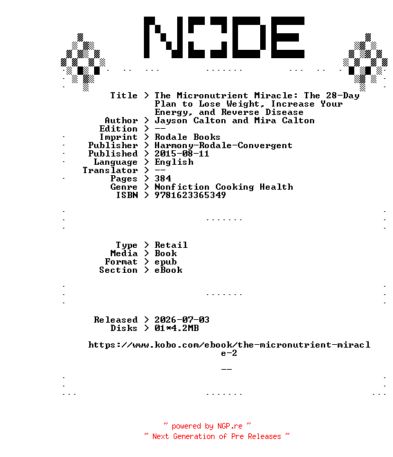 NFO for the release Harmony-Rodale-Convergent.The.Micronutrient.Miracle.The.28-Day.Plan.to.Lose.Weight.Increase.Your.Energy.and.Reverse.Disease.2015.RETAiL.EPUB.eBook-NODE by NODE