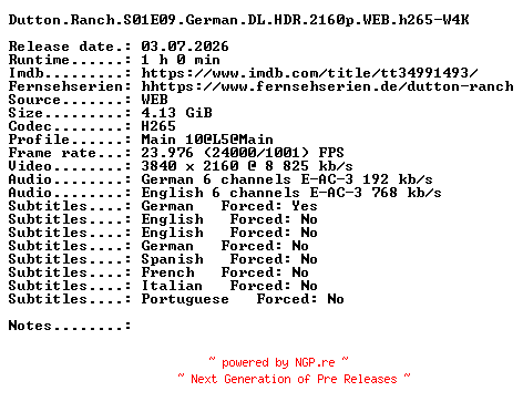 NFO for the release Dutton.Ranch.S01E09.German.DL.HDR.2160p.WEB.h265-W4K by W4K