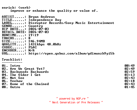 NFO for the release Bryan_Andrews-Independence_Day-24BIT-WEB-FLAC-2026-ENRiCH by ENRiCH