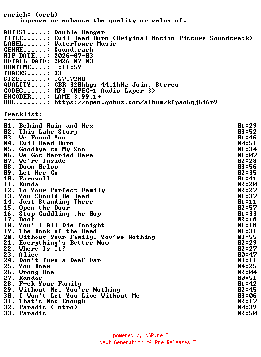 NFO for the release Double_Danger-Evil_Dead_Burn_(Original_Motion_Picture_Soundtrack)-OST-WEB-2026-ENRiCH by ENRiCH
