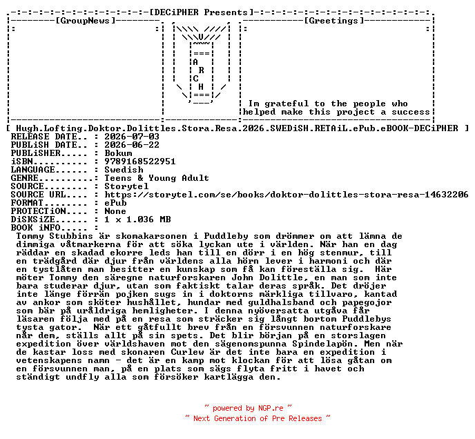 NFO for the release Hugh.Lofting.Doktor.Dolittles.Stora.Resa.2026.SWEDiSH.RETAiL.ePub.eBOOK-DECiPHER by DECiPHER
