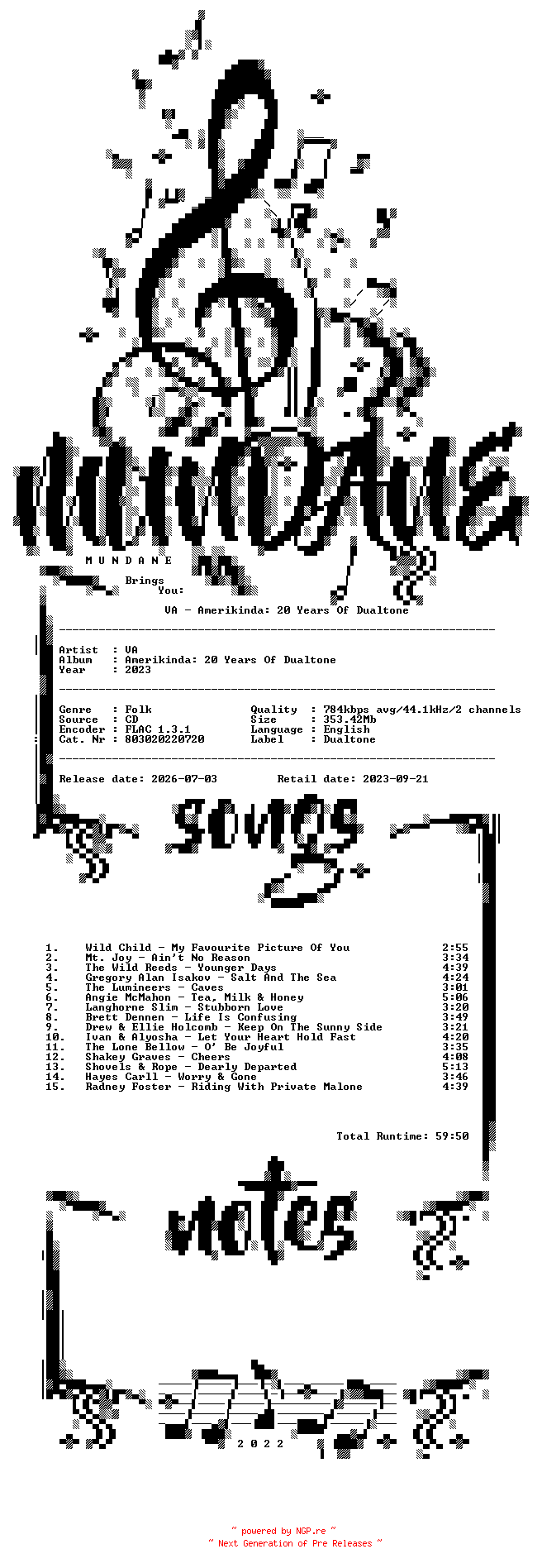 NFO for the release VA-Amerikinda_20_Years_Of_Dualtone-(803020220720)-CD-FLAC-2023-MUNDANE by MUNDANE
