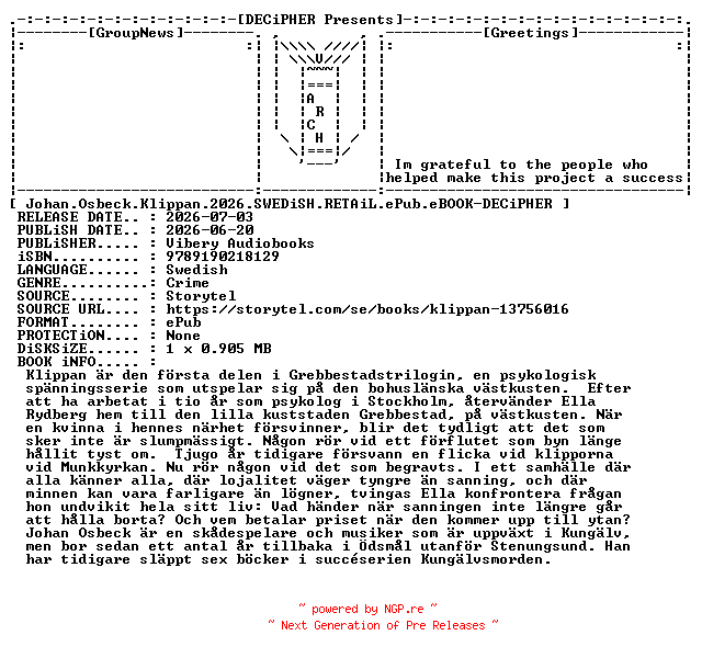 NFO for the release Johan.Osbeck.Klippan.2026.SWEDiSH.RETAiL.ePub.eBOOK-DECiPHER by DECiPHER