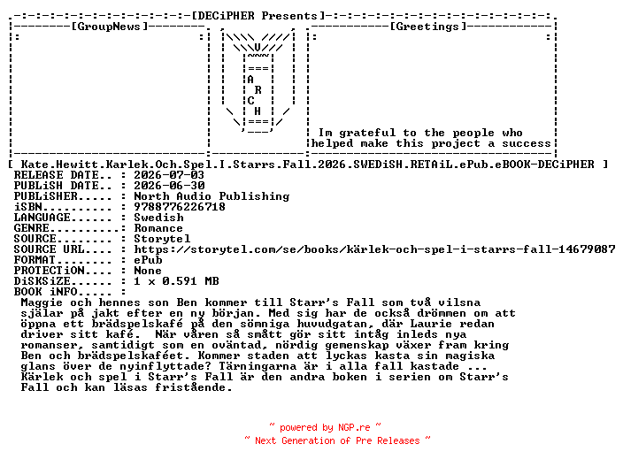 NFO for the release Kate.Hewitt.Karlek.Och.Spel.I.Starrs.Fall.2026.SWEDiSH.RETAiL.ePub.eBOOK-DECiPHER by DECiPHER