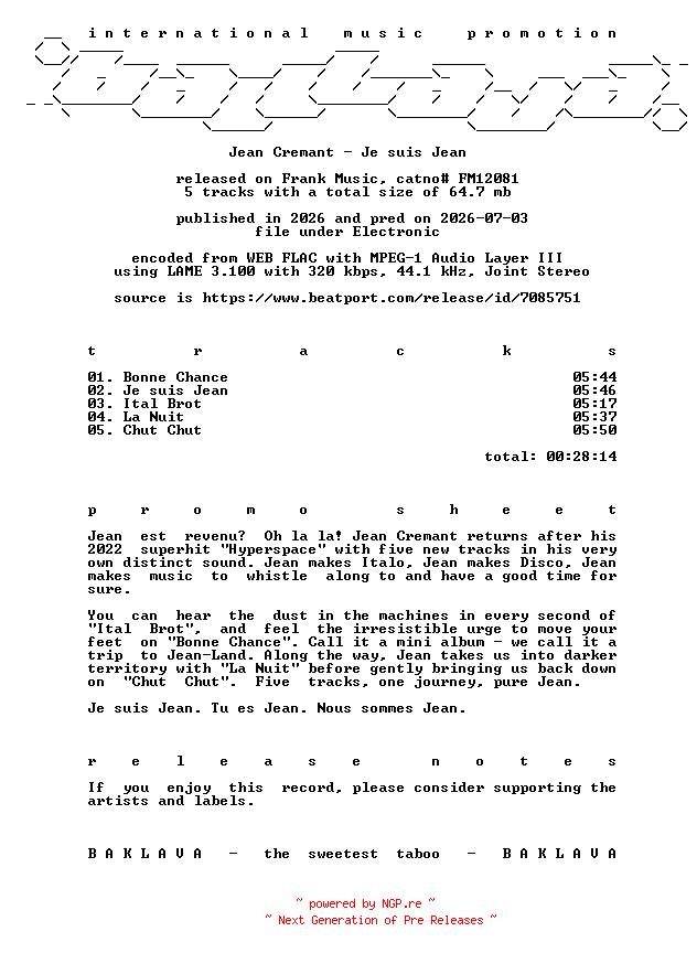NFO for the release Jean_Cremant-Je_Suis_Jean-(FM12081)-WEB-2026-BAKLAVA by BAKLAVA