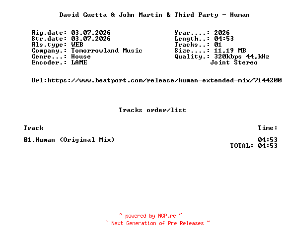 NFO for the release David_Guetta_And_John_Martin_And_Third_Party_-_Human-(TML332)-SINGLE-WEB-2026-FMC by FMC