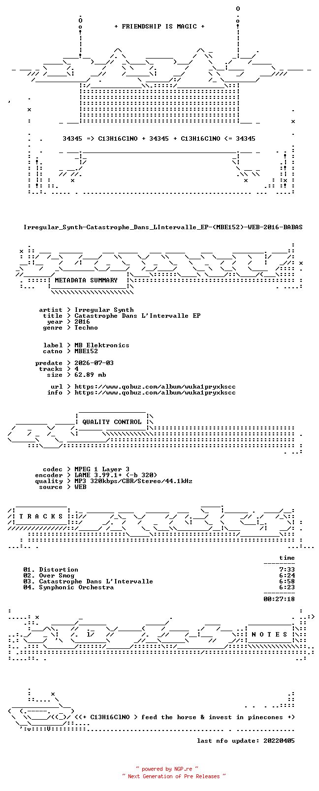 NFO for the release Irregular_Synth-Catastrophe_Dans_LIntervalle_EP-(MBE152)-WEB-2016-BABAS by BABAS