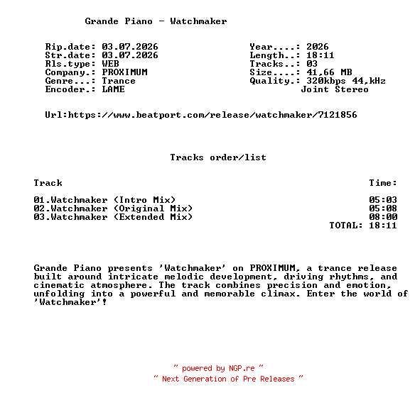 NFO for the release Grande_Piano_-_Watchmaker-(PXM092)-WEB-2026-FMC by FMC