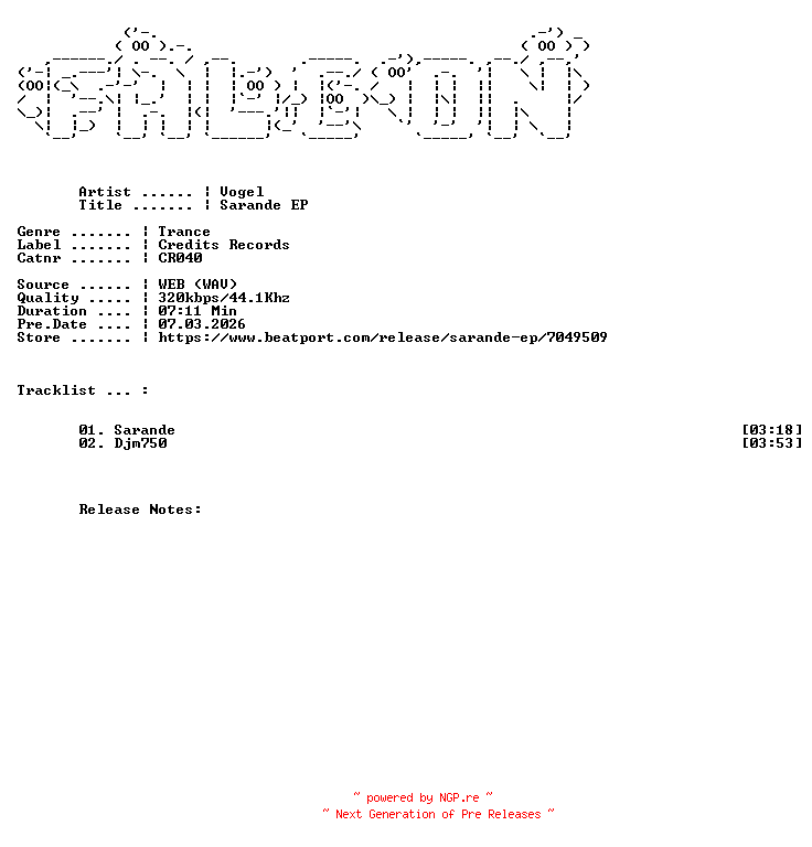 NFO for the release Vogel-Sarande_EP-(CR040)-WEB-2026-FALCON by FALCON