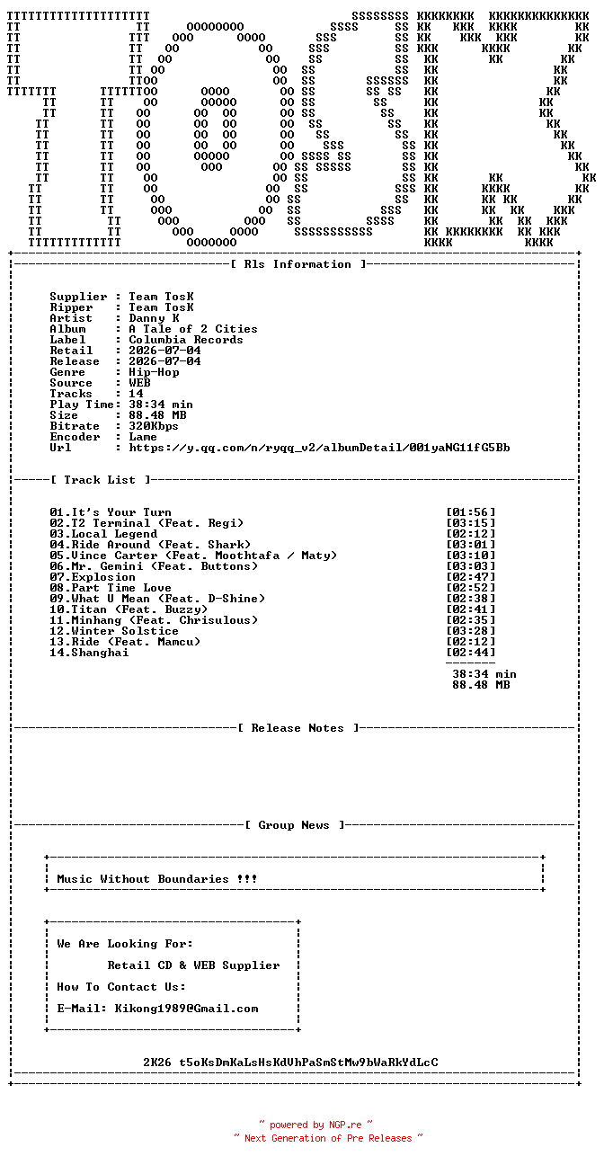 NFO for the release Danny_K-A_Tale_of_2_Cities-WEB-CN-2026-TosK by TosK