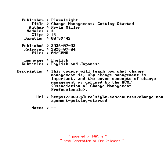 NFO for the release Pluralsight.Change.Management.Getting.Started.2026.BOOKWARE-GETH by GETH