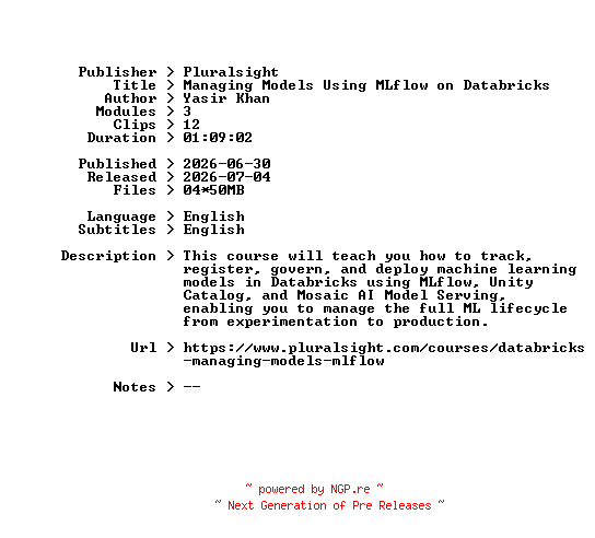 NFO for the release Pluralsight.Managing.Models.Using.MLflow.on.Databricks.2026.BOOKWARE-GETH by GETH