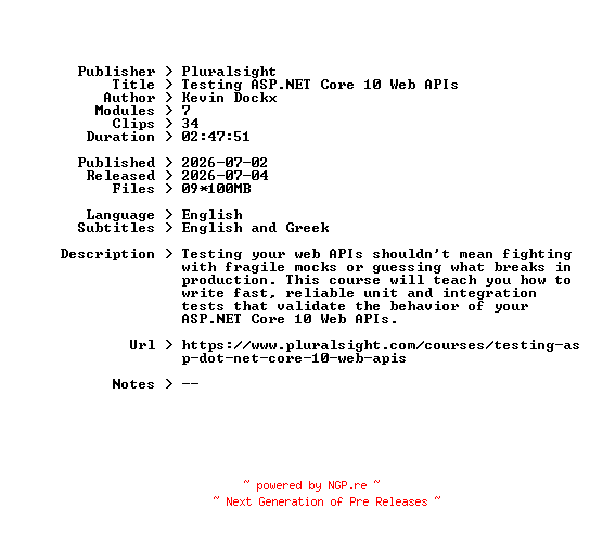 NFO for the release Pluralsight.Testing.ASP.NET.Core.10.Web.APIs.2026.BOOKWARE-GETH by GETH