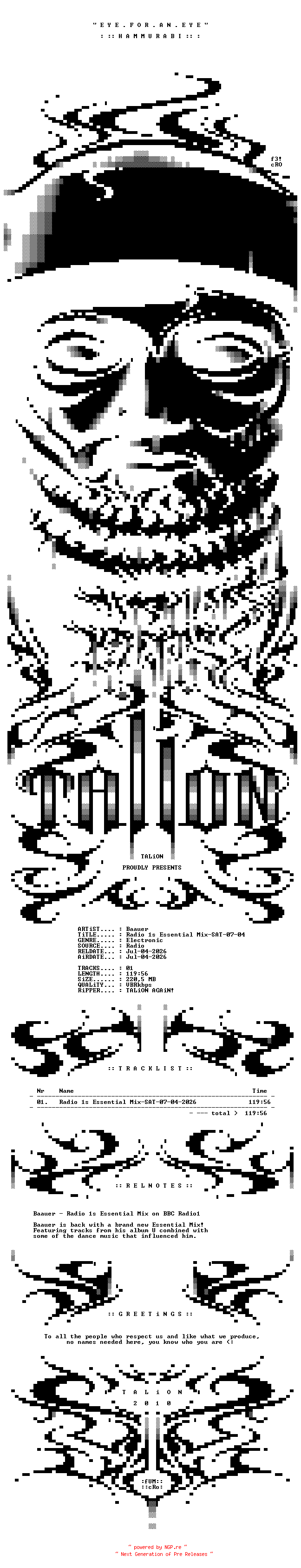 NFO for the release Baauer_-_Radio_1s_Essential_Mix-SAT-07-04-2026-TALiON by TALiON