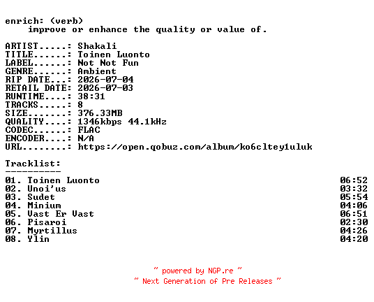 NFO for the release Shakali-Toinen_Luonto-24BIT-WEB-FLAC-2026-ENRiCH by ENRiCH