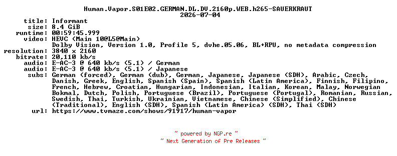 NFO for the release Human.Vapor.S01E02.GERMAN.DL.DV.2160p.WEB.h265-SAUERKRAUT by SAUERKRAUT