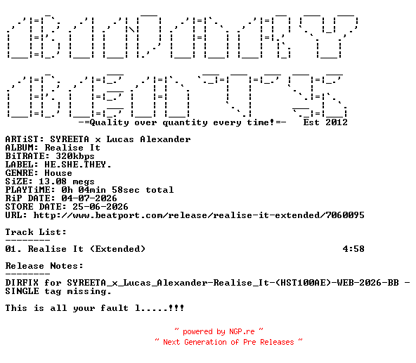 NFO for the release SYREETA_x_Lucas_Alexander-Realise_It-(HST100AE)-DIRFIX-SINGLE-WEB-2026-BB by BB