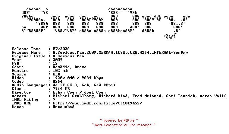 NFO for the release A.Serious.Man.2009.GERMAN.1080p.WEB.H264.iNTERNAL-SunDry by SunDry