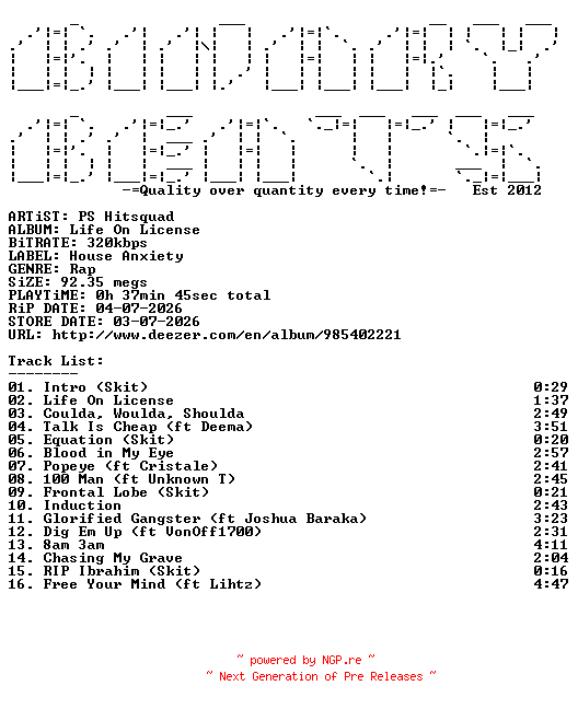 NFO for the release PS_Hitsquad-Life_On_License-WEB-2026-BB by BB