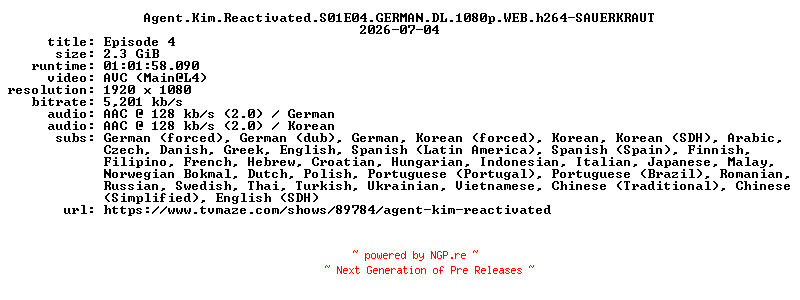 NFO for the release Agent.Kim.Reactivated.S01E04.GERMAN.DL.1080p.WEB.h264-SAUERKRAUT by SAUERKRAUT
