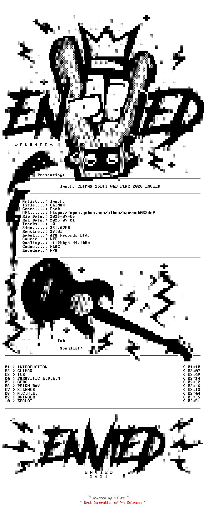 NFO for the release lynch.-CLIMAX-16BIT-WEB-FLAC-2026-ENViED by ENViED
