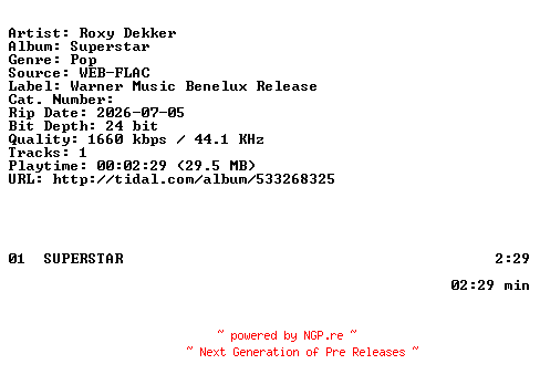 NFO for the release Roxy_Dekker-Superstar-NL-SINGLE-24BIT-WEB-FLAC-2026-BAQ by BAQ