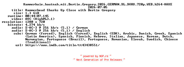 NFO for the release Hammerhaie.hautnah.mit.Bertie.Gregory.2026.GERMAN.DL.DOKU.720p.WEB.h264-HAXE by HAXE