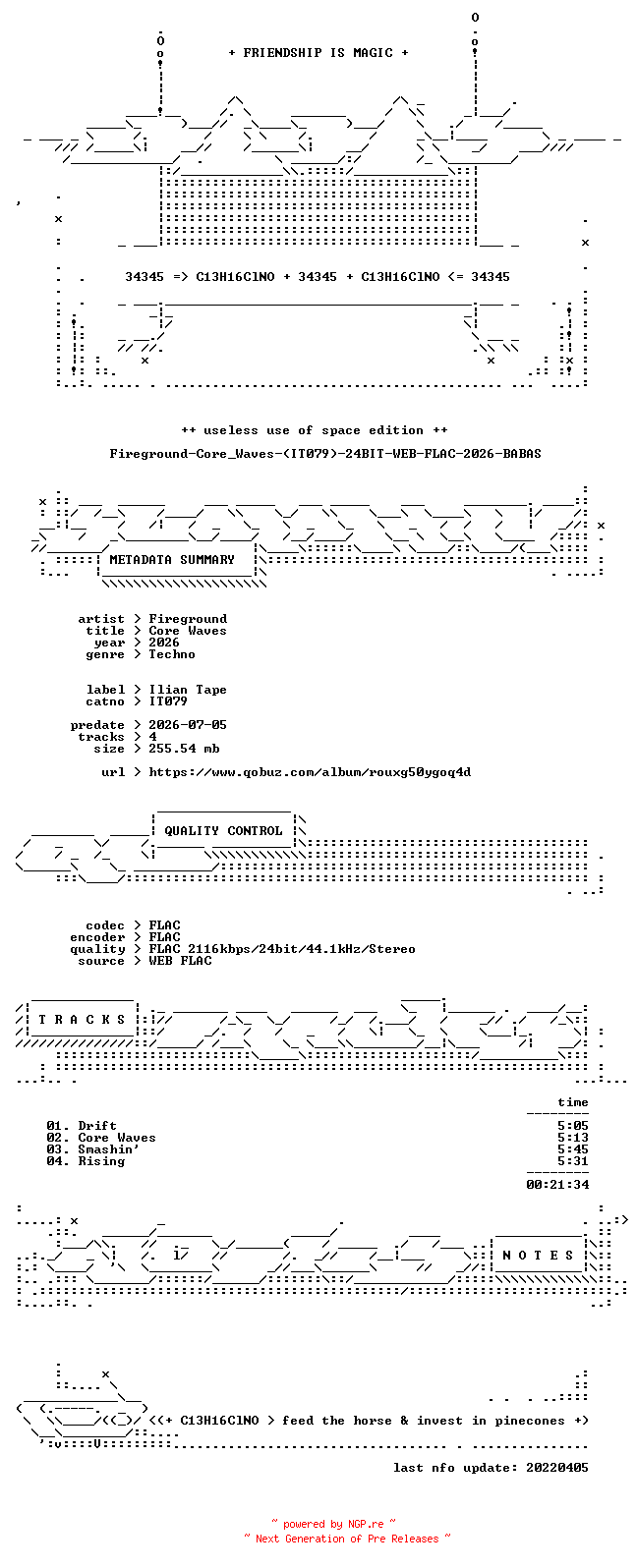 NFO for the release Fireground-Core_Waves-(IT079)-24BIT-WEB-FLAC-2026-BABAS by BABAS