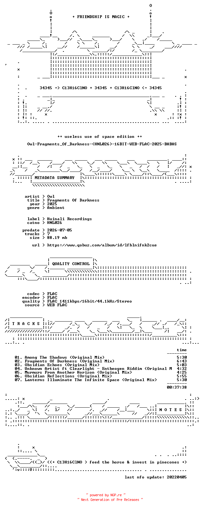 NFO for the release Owl-Fragments_Of_Darkness-(HNL026)-16BIT-WEB-FLAC-2025-BABAS by BABAS