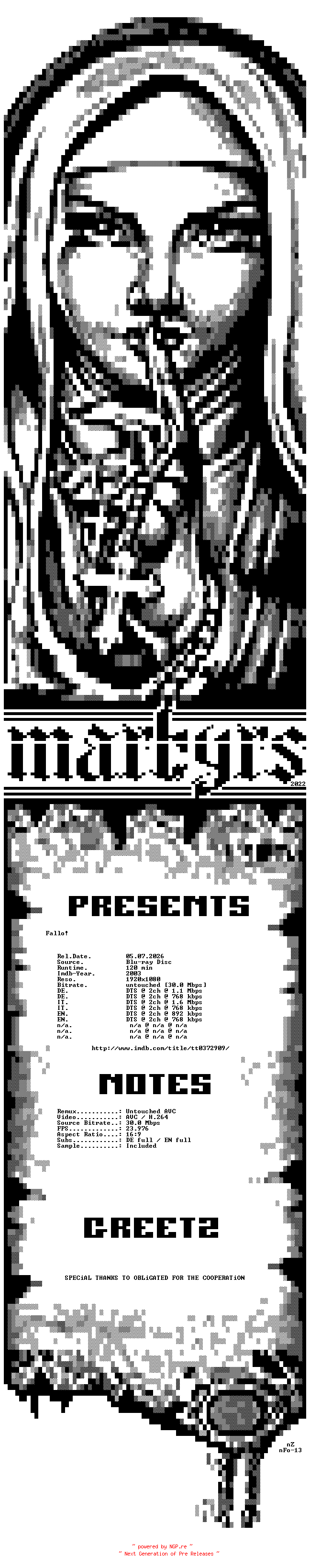 NFO for the release Fallo.2003.German.ML.1080p.BluRay.AVC-MARTYRS by MARTYRS