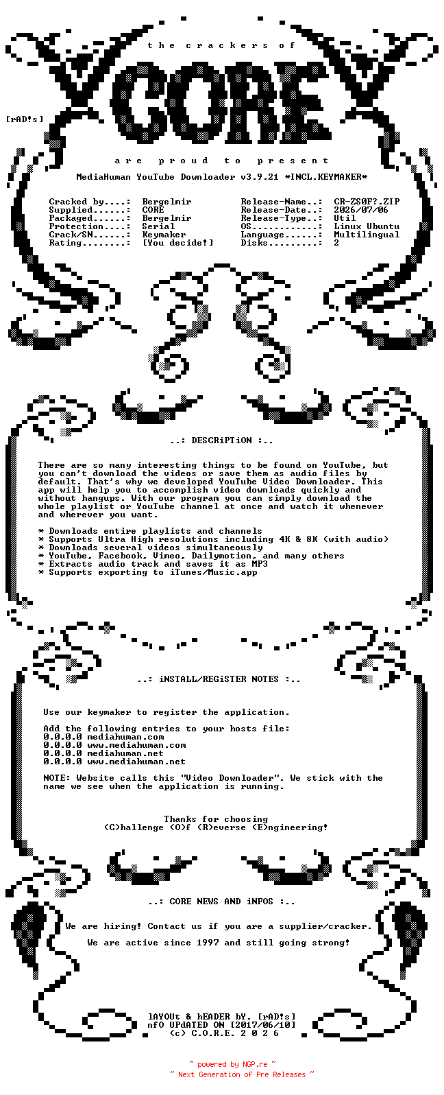 NFO for the release MediaHuman.YouTube.Downloader.v3.9.21.Linux.Ubuntu.x64.Multilingual.Incl.Keymaker-CORE by CORE