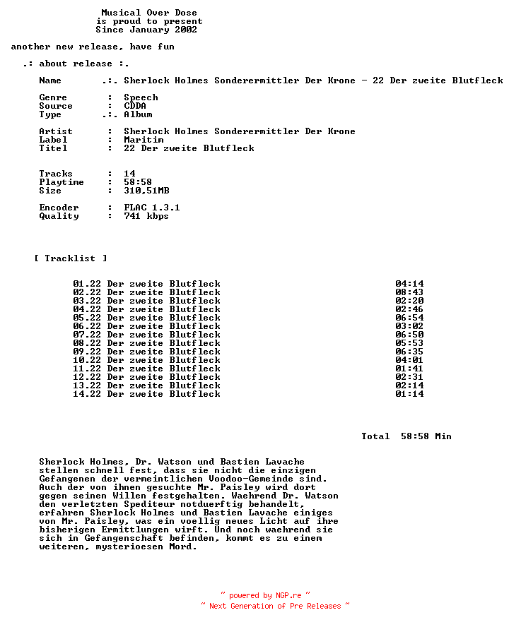 NFO for the release Sherlock_Holmes_Sonderermittler_Der_Krone-22_Der_Zweite_Blutfleck-DE-Audiobook-CD-FLAC-2026-MOD by MOD