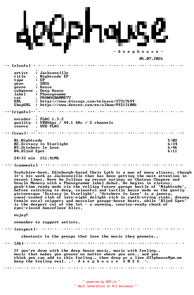 NFO for the release Jacksonville-Nightcode_EP-(PHONOGRAMME77)-16BIT-WEB-FLAC-2026-dh by dh