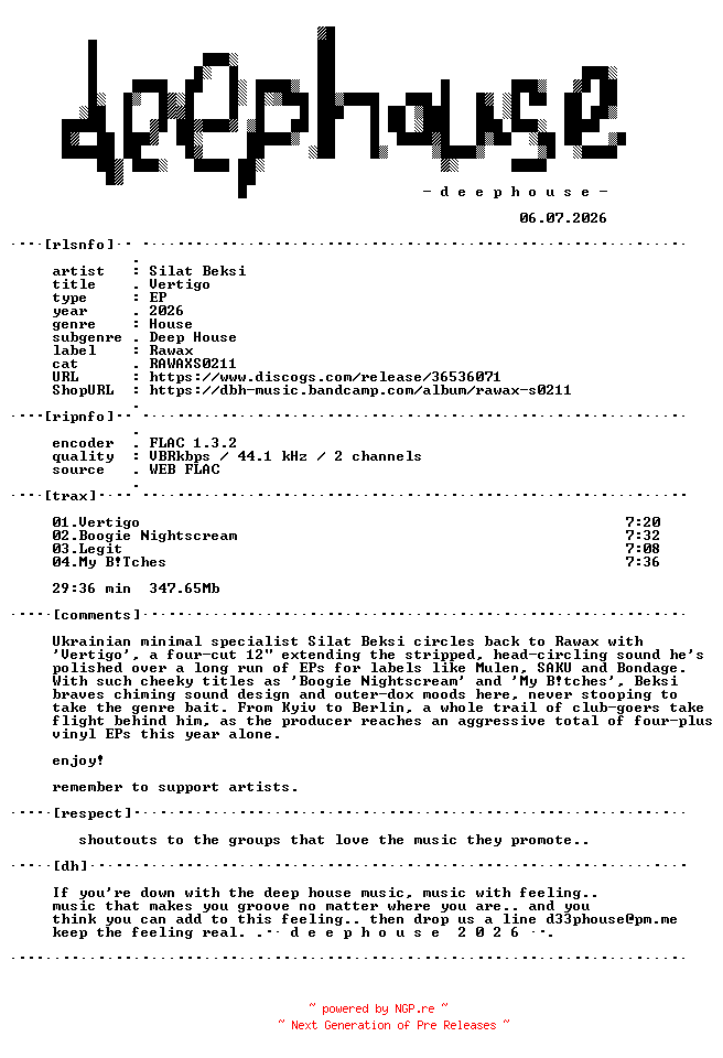 NFO for the release Silat_Beksi-Vertigo-(RAWAXS0211)-24BIT-WEB-FLAC-2026-dh by dh