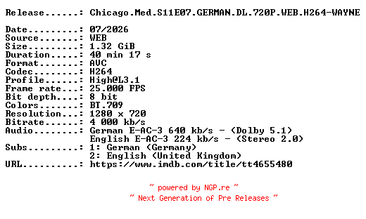 NFO for the release Chicago.Med.S11E07.GERMAN.DL.720P.WEB.H264-WAYNE by WAYNE