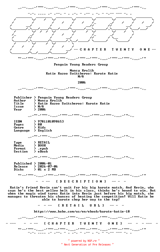 NFO for the release Nancy.Krulik.-.Katie.Kazoo.Switcheroo.Karate.Katie.2006.RETAIL.EPUB.eBook-CTO by CTO