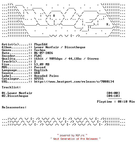 NFO for the release PhyzEdd-Lower_Norfair__Discotheque-KP255-16BIT-WEB-FLAC-2026-WAVED by WAVED